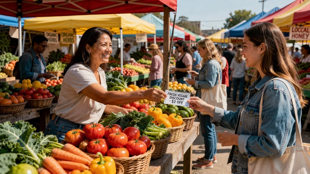 Fresh produce at farmers market with coupons