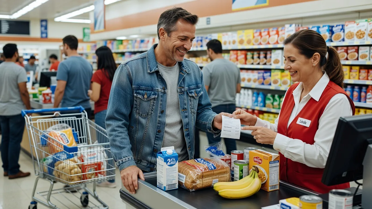 Man at grocery checkout saving money