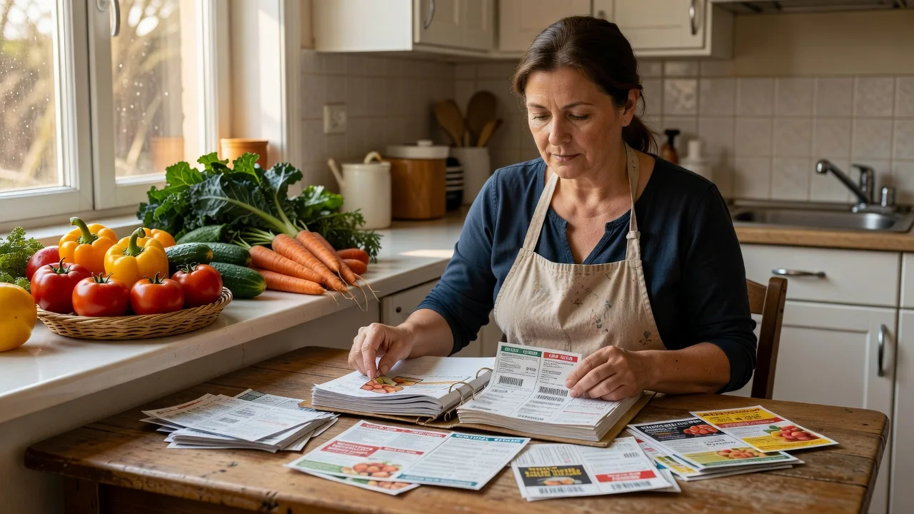 Woman browsing coupon book in kitchen